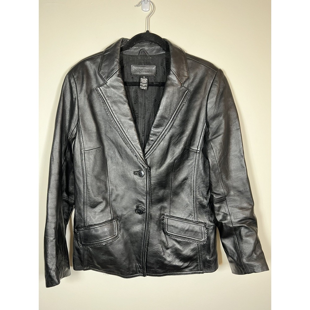 Jaclyn Smith Black Genuine Leather Blazer Womens 14 Y2K Fitted Scallop Trim